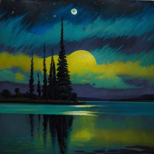 Moonlit Serene Landscape in Gauguin Style