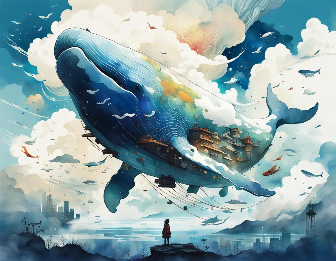 Cloud Whale Soaring: Watercolor Anime Key Visual