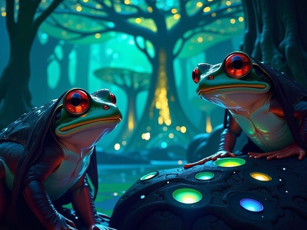 Nocturnal Alien Marsh in Art Nouveau Style with Iridescent G...