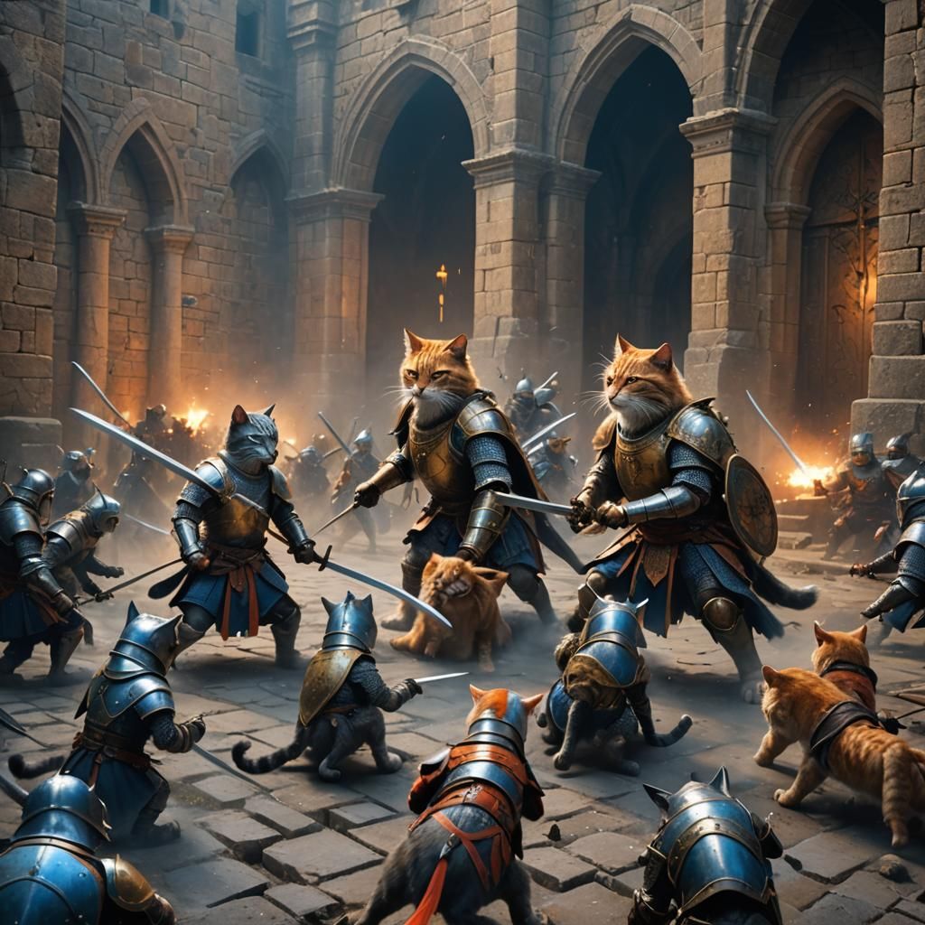 Armored Cats Clash in Medieval Anime Battle