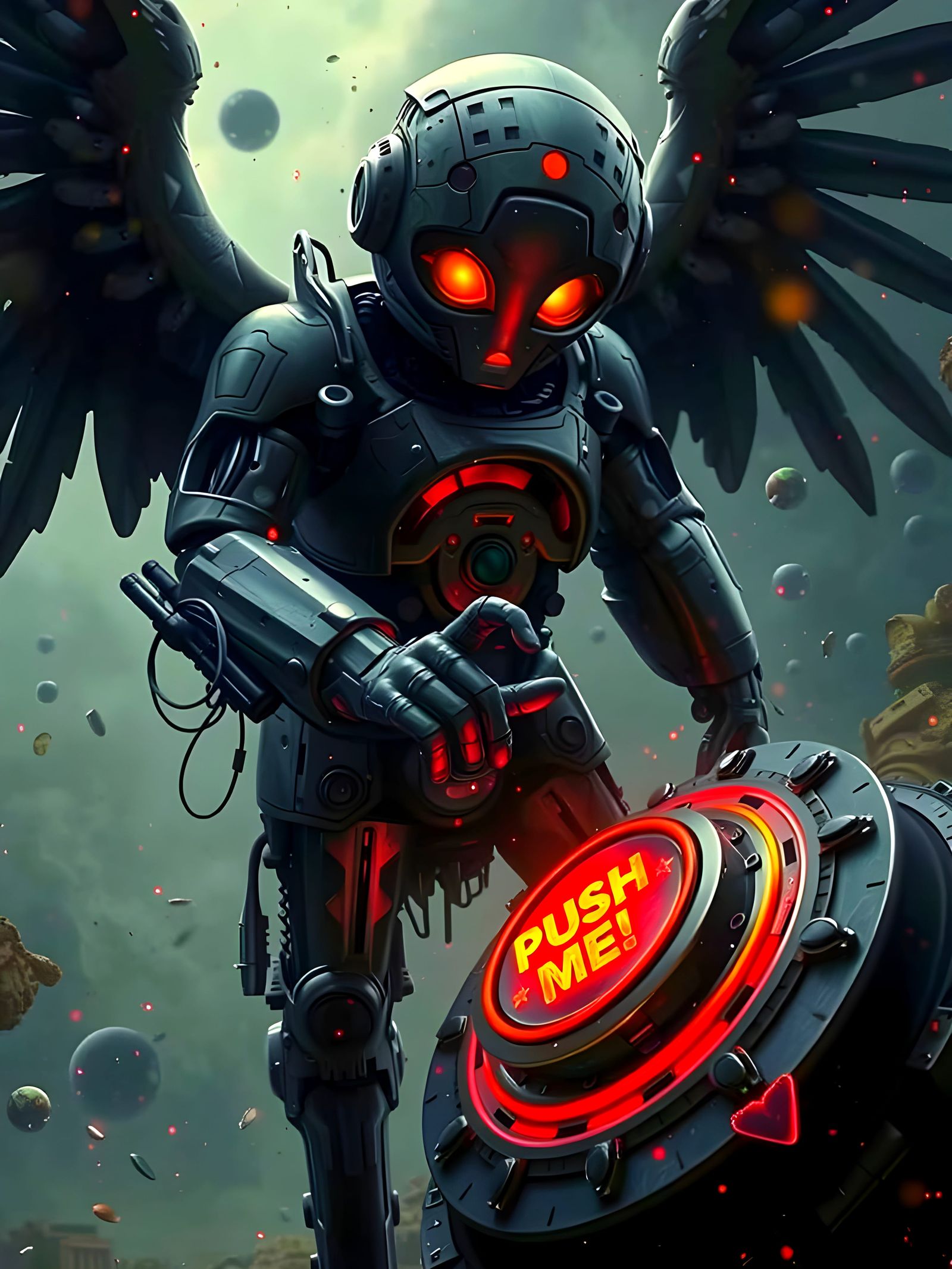 Mechanical Fallen Angel Pushes Cosmic Button