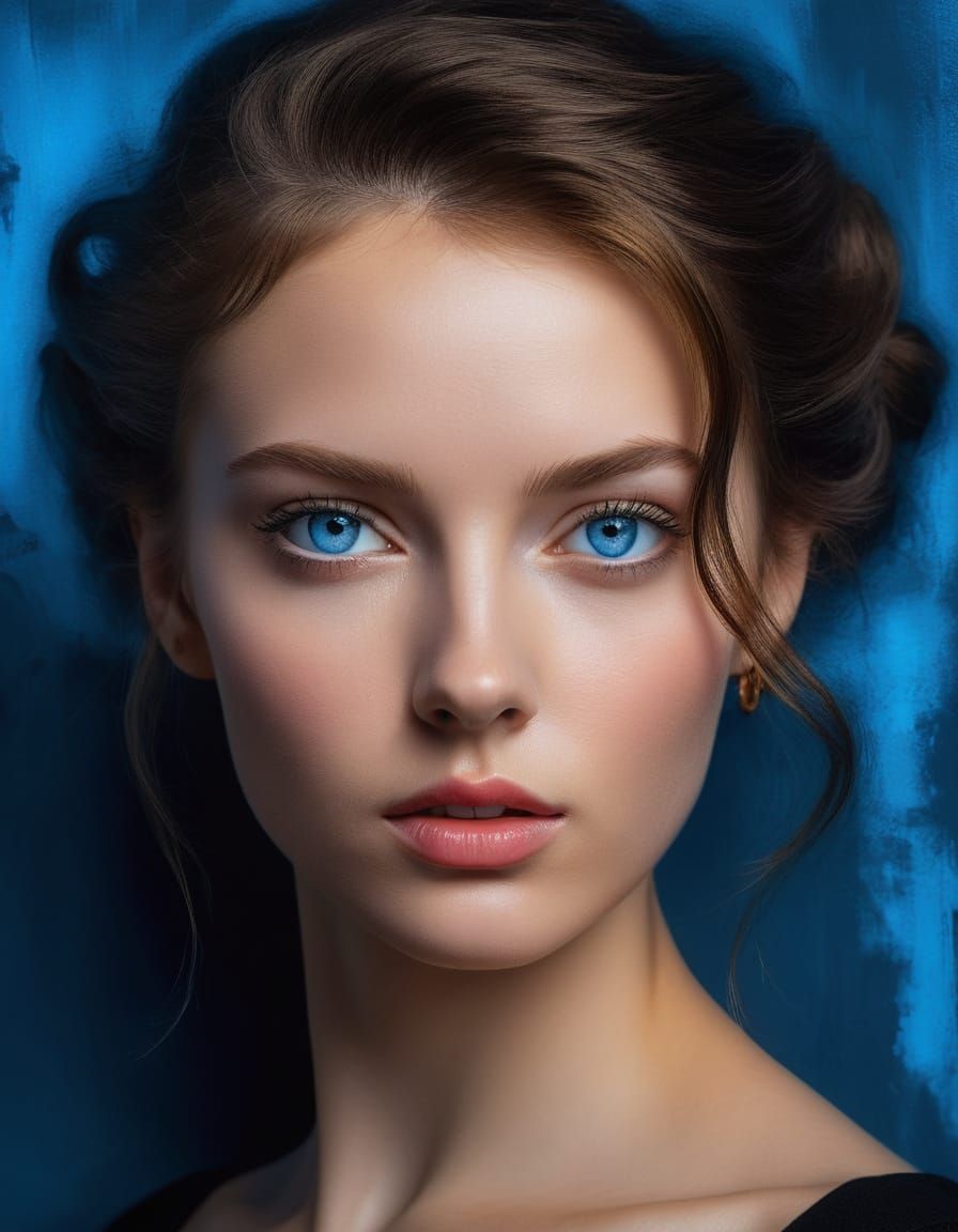 Intense Portrait of Woman with Blue Eyes as Oil Painting