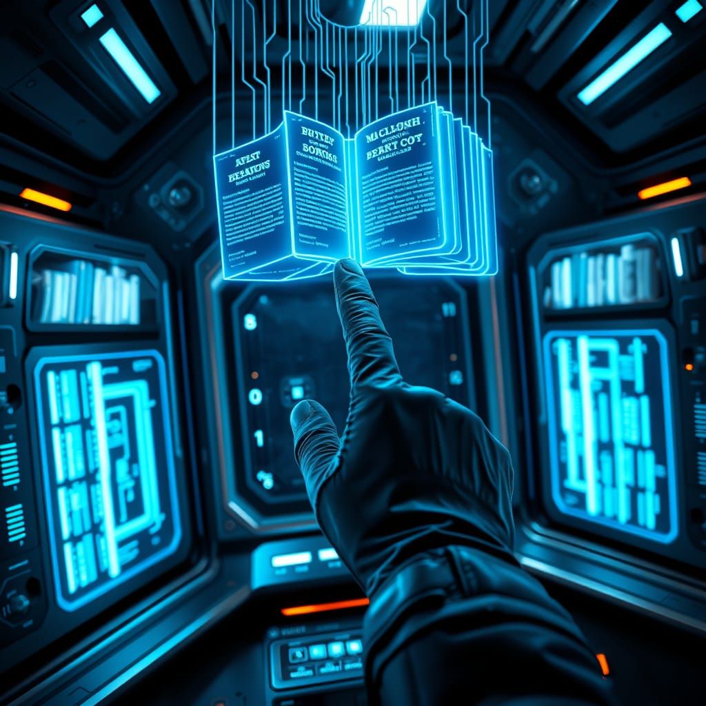 Sleek Futuristic Library Interface Inside High-Tech Spaceshi...