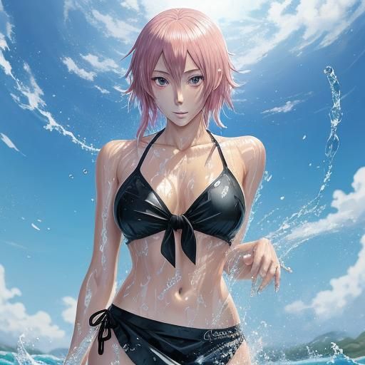 Anime Girl in Wet Bikini and Transparent Clothing