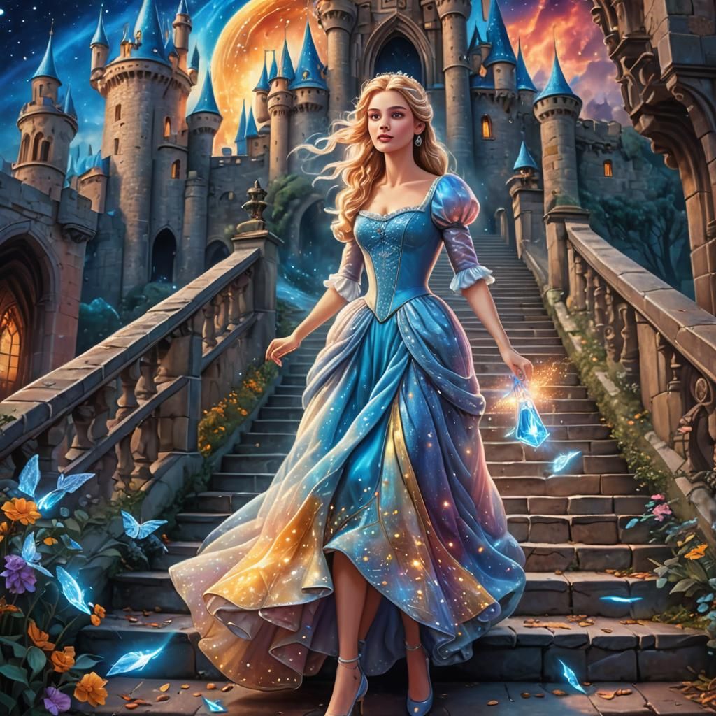 Cinderella running down the steps of a castle and her glass ...