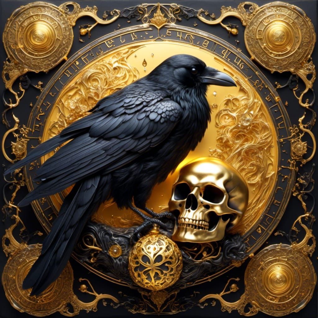 Golden Raven and Skull with Celestial Runes