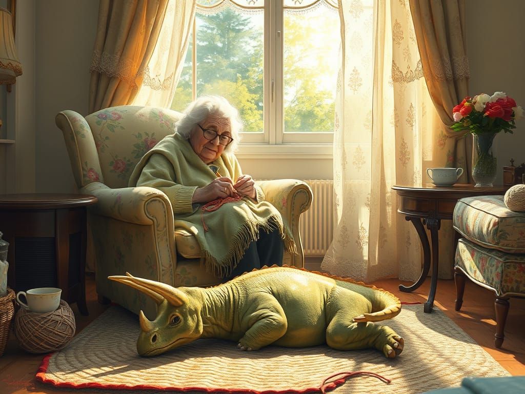 Elderly Woman Knitting with Protoceratops in Painterly Reali...