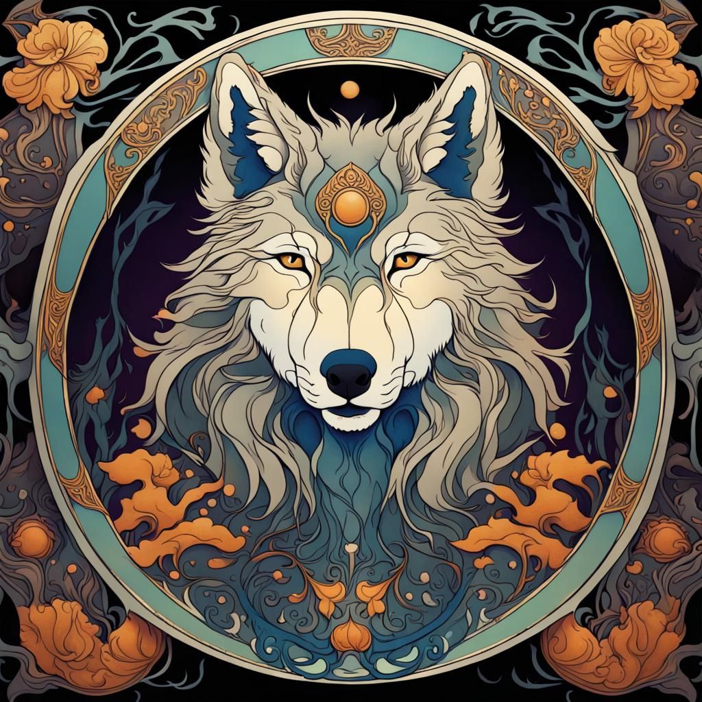 Art Nouveau Wolf Head in Deep Color