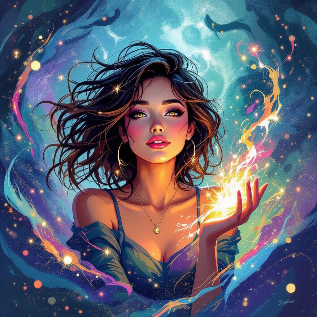 Whimsical Woman in Swirling Mystical Chaos