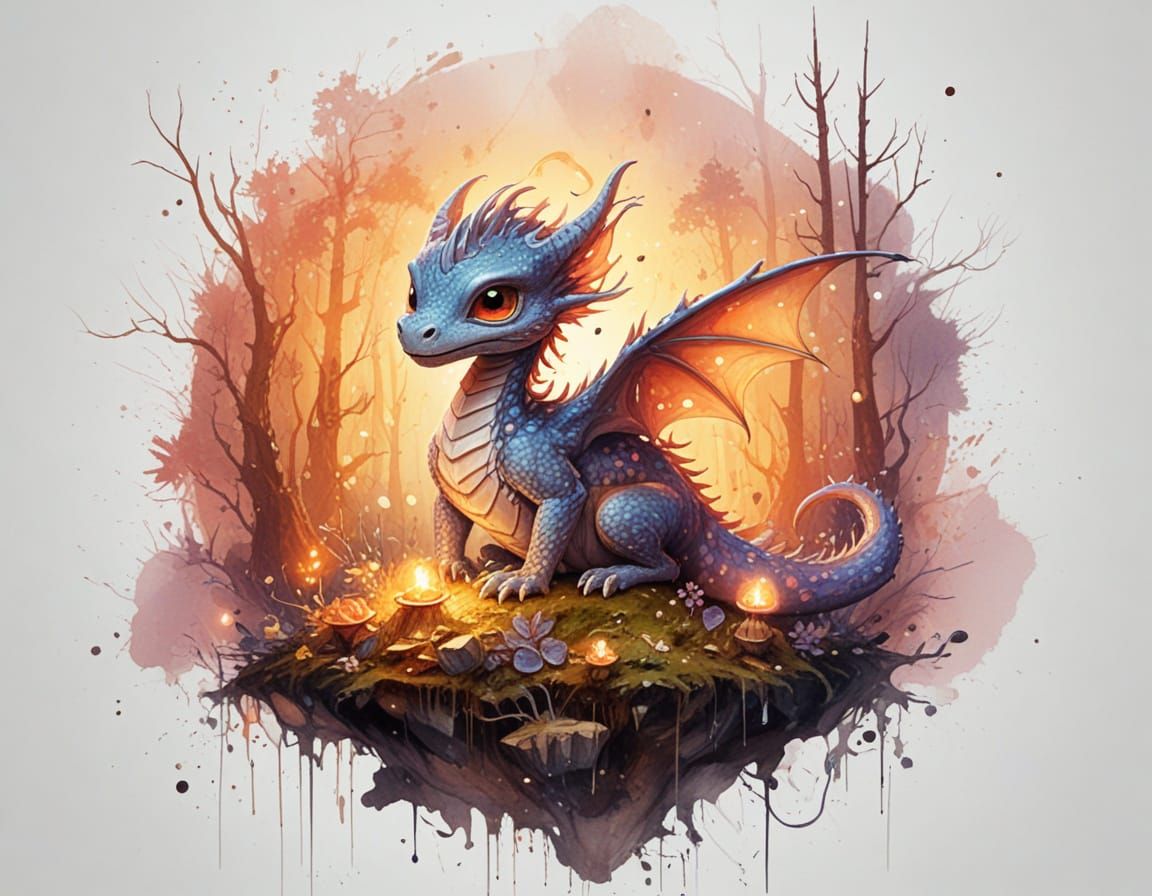 Chibi Dragon on Crystal Mushroom in Moonlit Forest