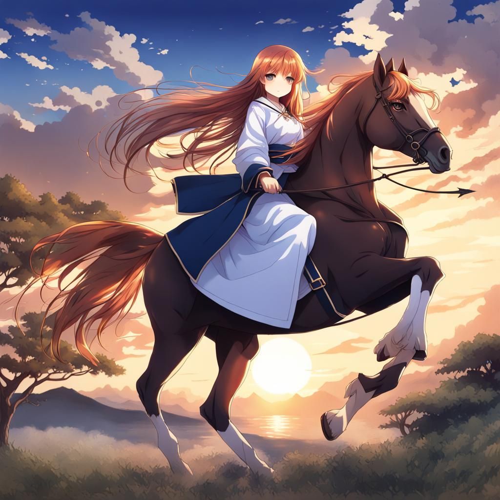 Auburn Haired Girl Riding Horse Casting Magic