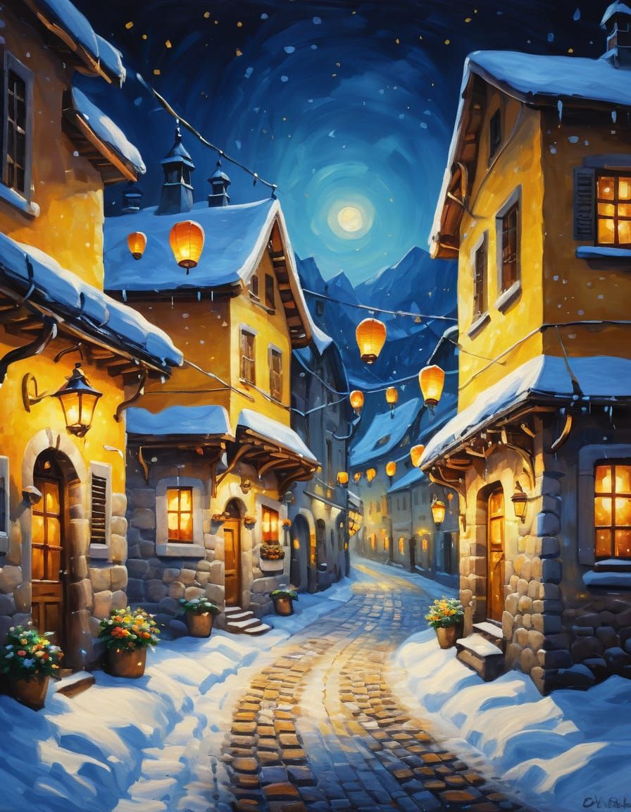 Snowy Alpine Village Lit by Lanterns in Vibrant Oil Painting