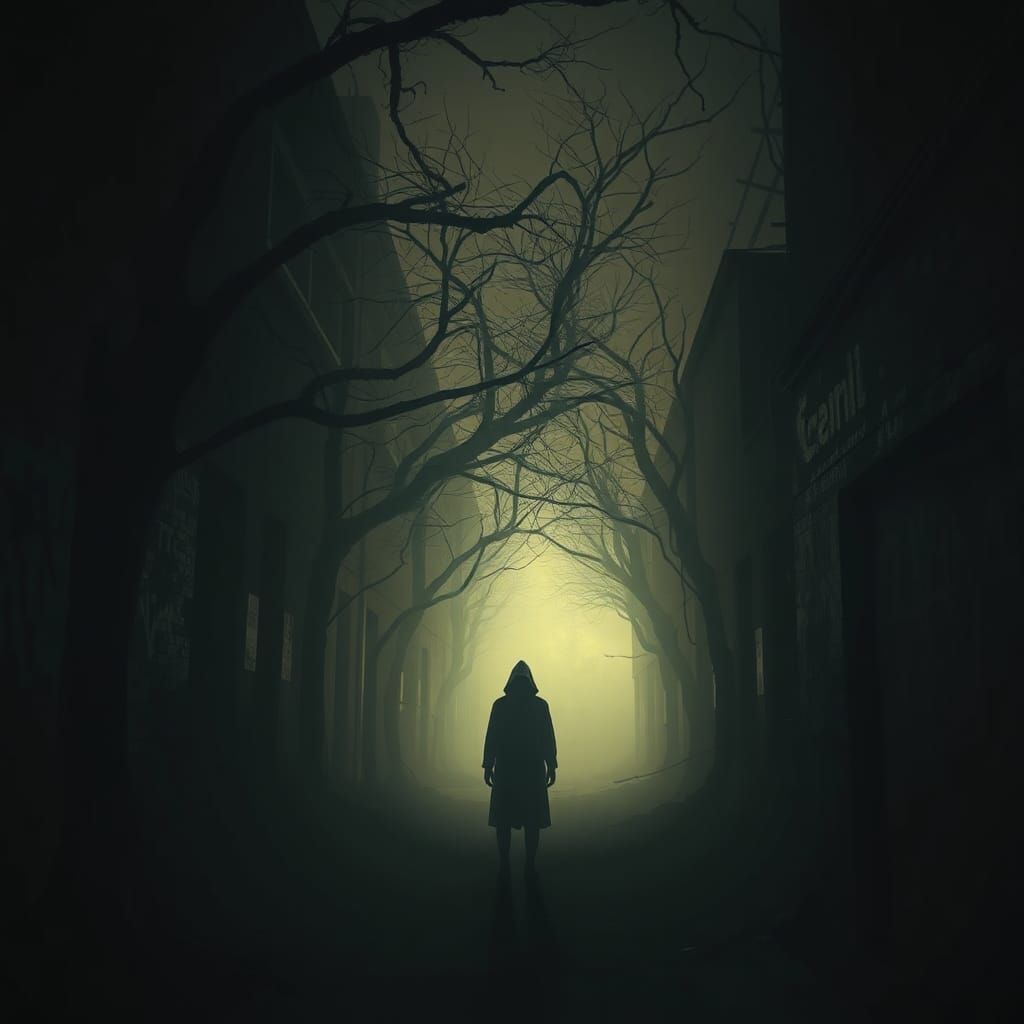 Ominous Figure in Dark Alleyway: Surreal Art