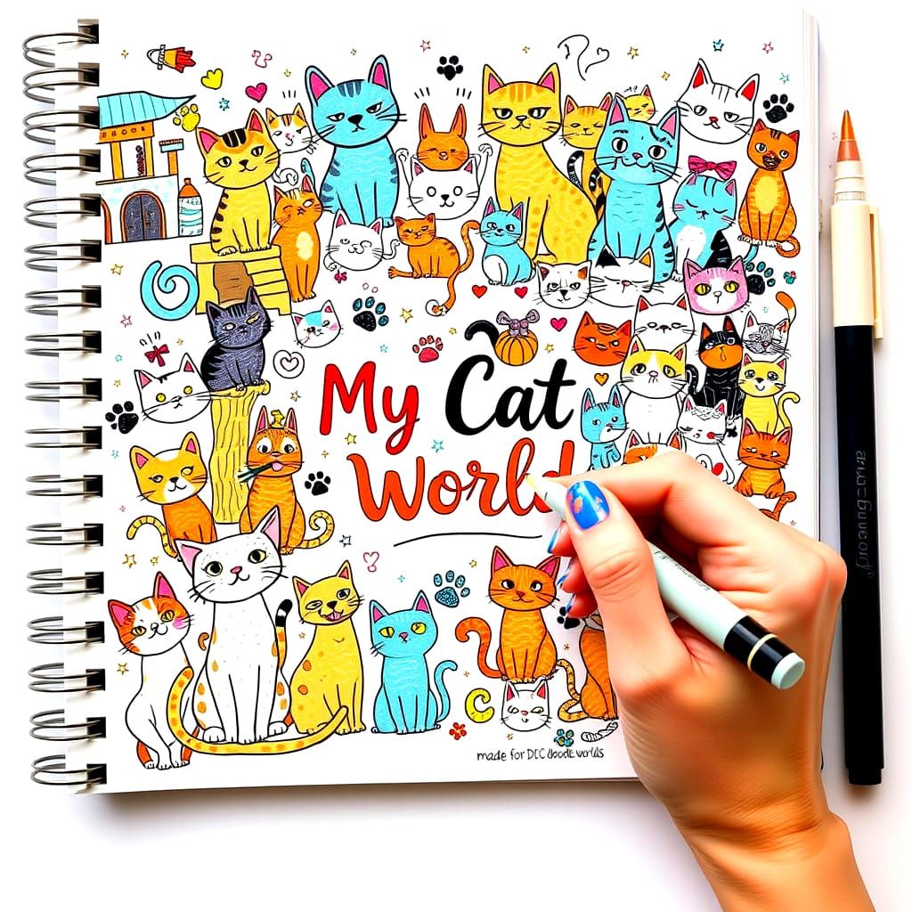 Cartoon Cats Doodle Page in Folk Art Style
