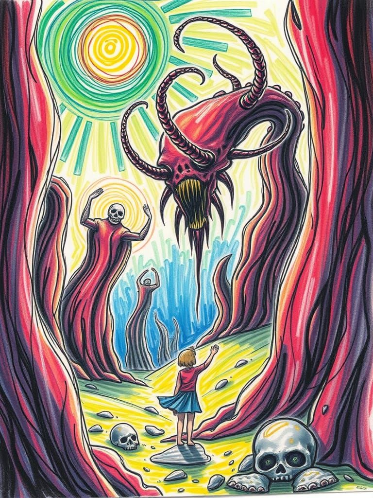 Eerie Child's Drawing of a Macabre Fantasy Scene