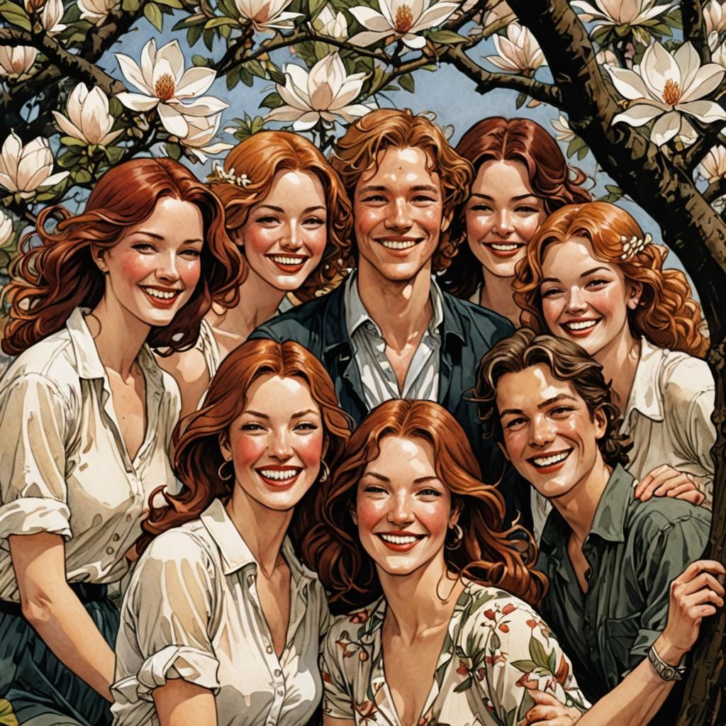 People Around Magnolia Tree in Bande Dessinée Style