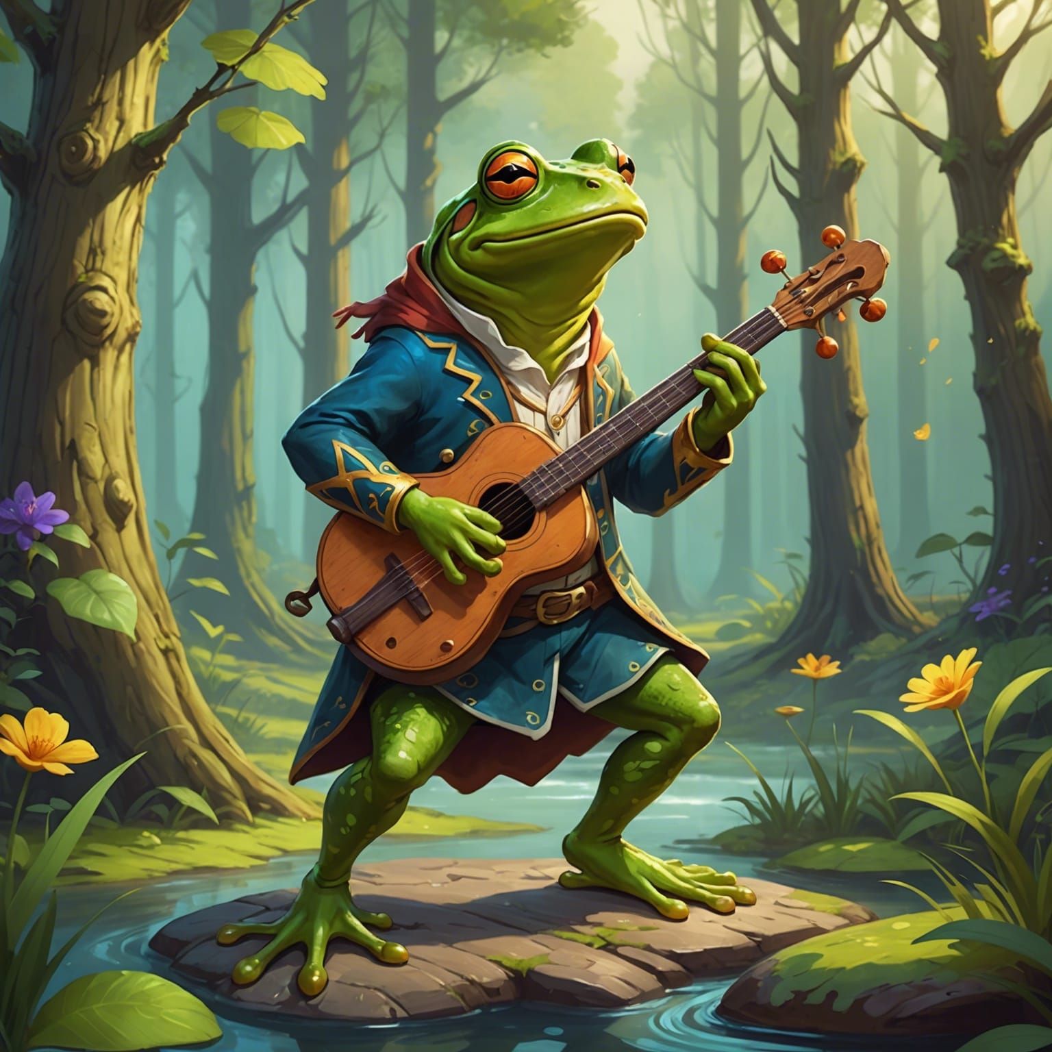 Frog Bard Plays Lute in Cartoon Style