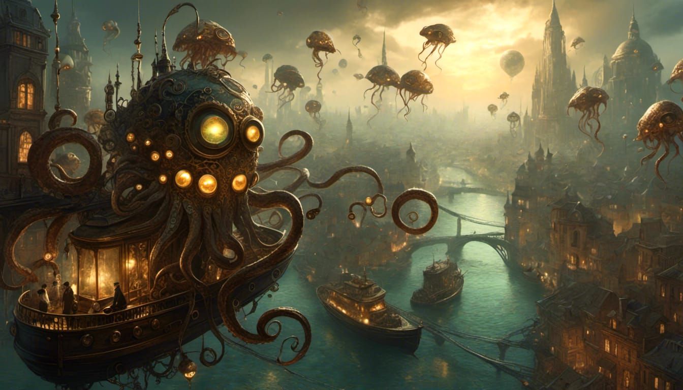 Steampunk Cityscape Dominated by Floating Tentacled Monster