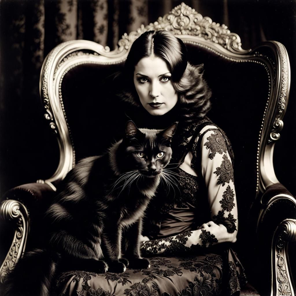 Gothic Woman with Cat: Sepia-Toned 1900s Photography