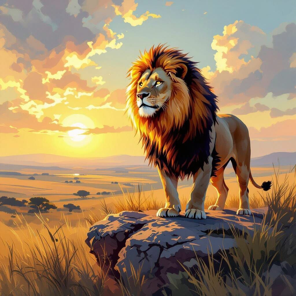 Lion with Fiery Mane on Savanna, Impressionist Style