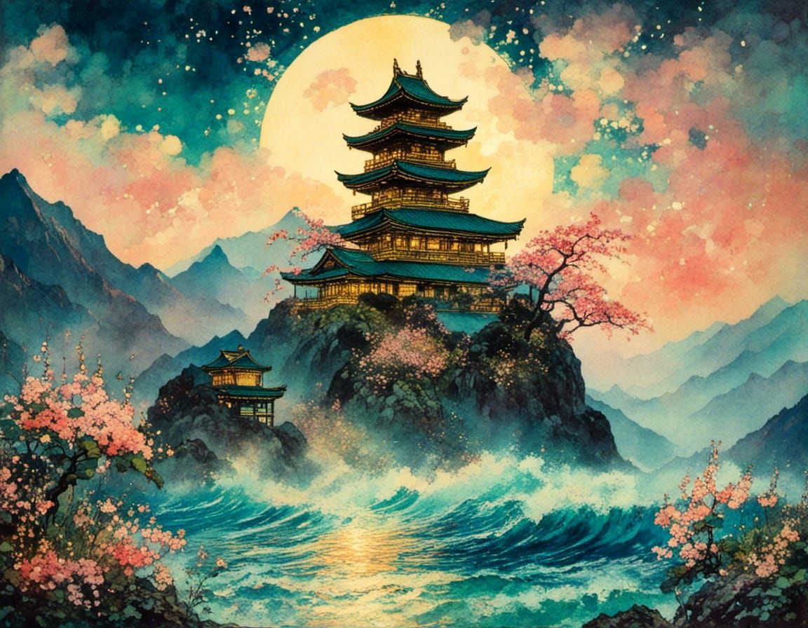 Ukiyo-e Flowerpunk Temple on Mountain Beach