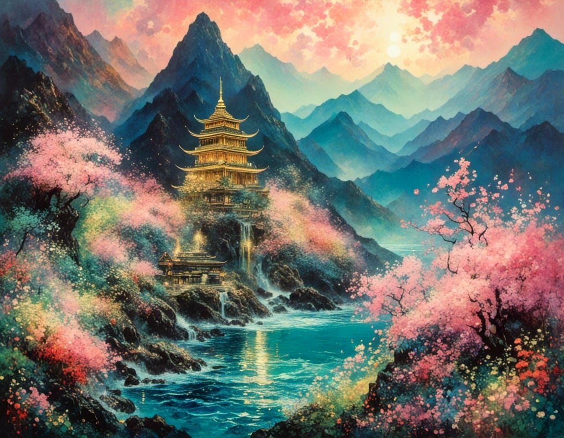 Ukiyo-e Temple on Mountain Beach with Flowers