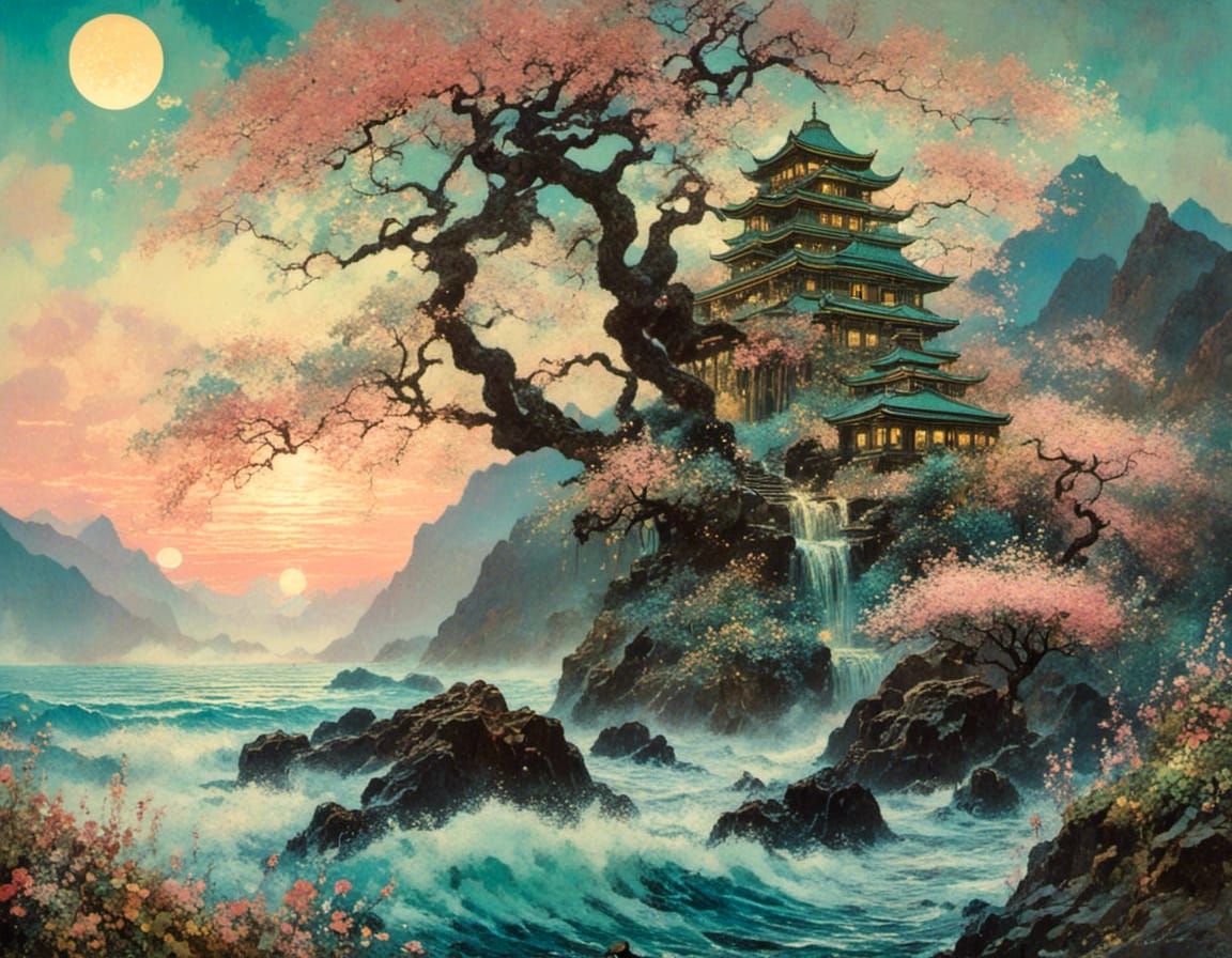 Ukiyo-e Beach Temple in Flowerpunk Style