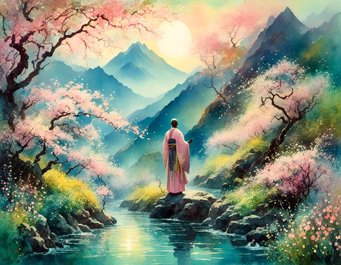 Ukiyo-e Mountain Beach Scene in Watercolor Fantasy