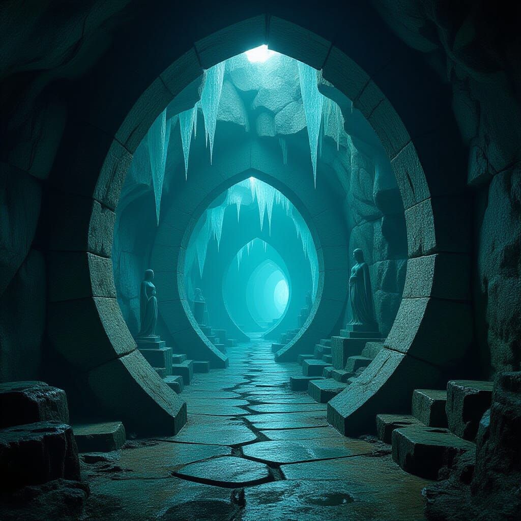 Hidden World Entrance Formed by Stone Roots and Bioluminesce...