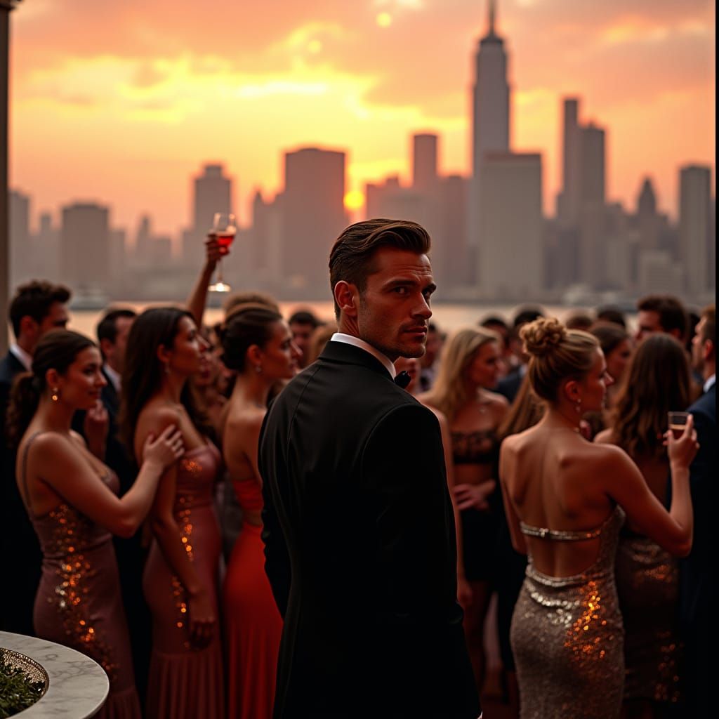 Rooftop Party at Sunset in Cinematic Style