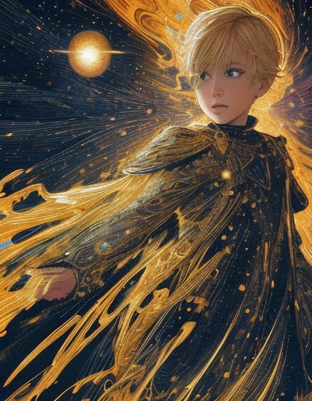 Boy Flies Through Cosmic Nebula in Linocut Style