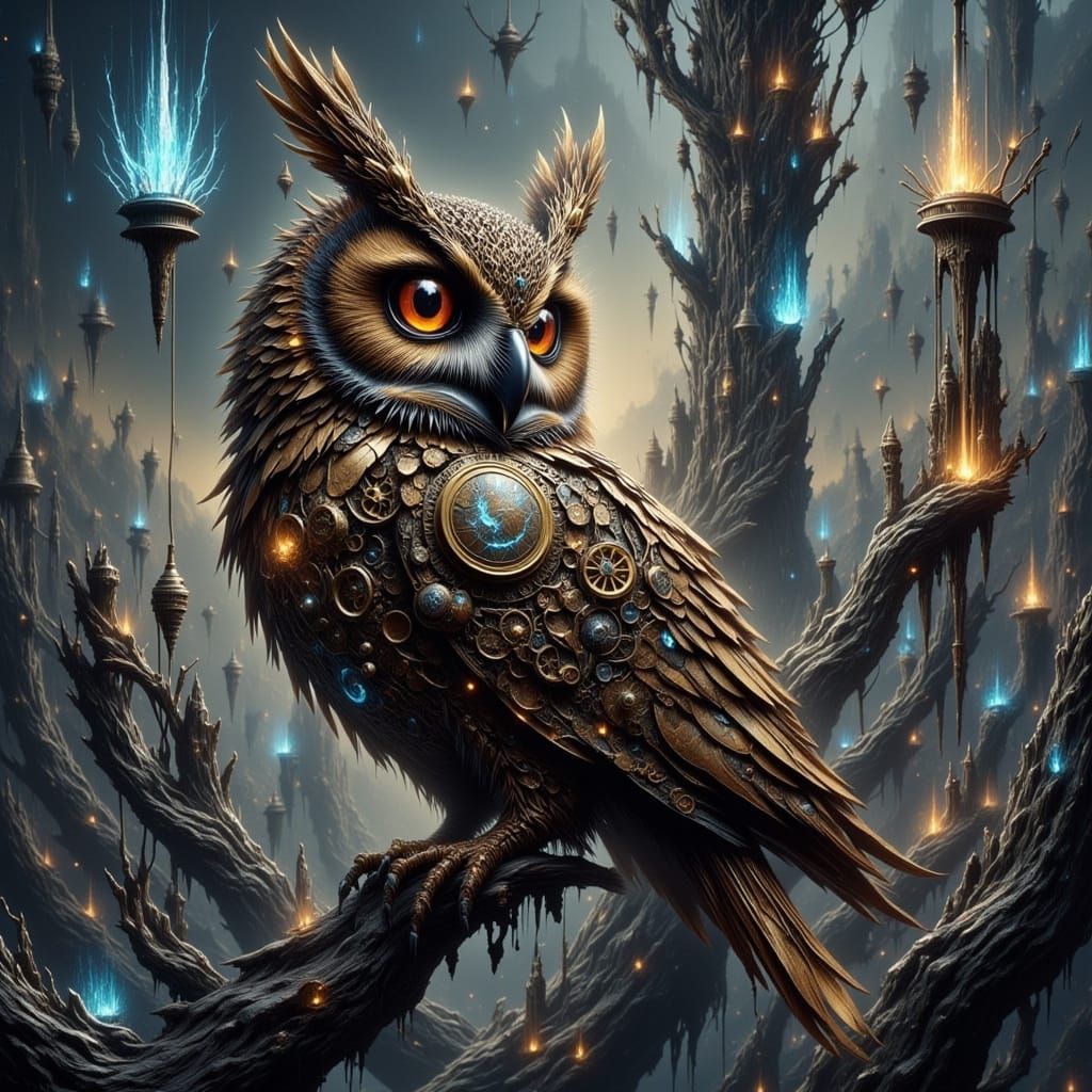 Steampunk Owl on Clockwork Tree in Surreal Landscape