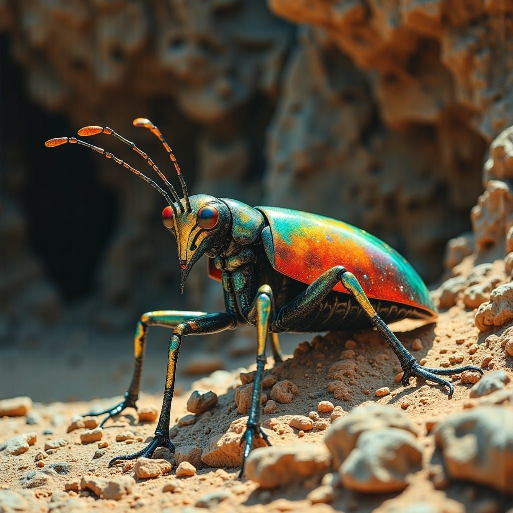 Iridescent Alien Insect in Stark Landscape as Oil Painting