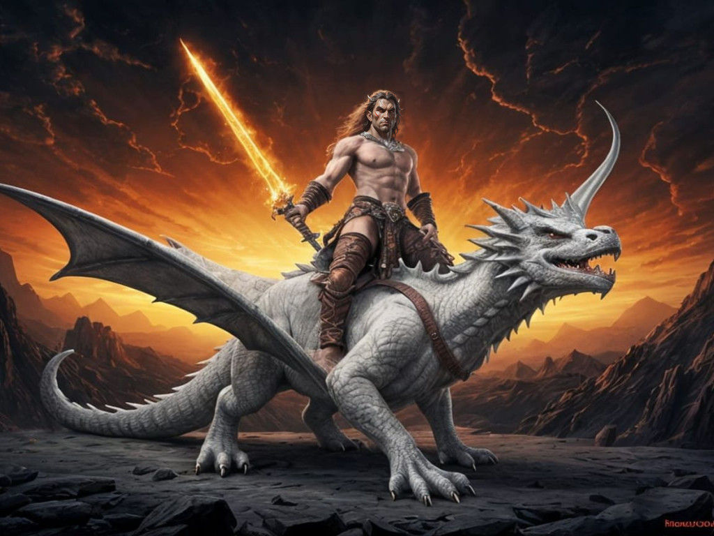 Barbarian Rides Glowing Sword Dragon Through Fiery Stormy Fa...