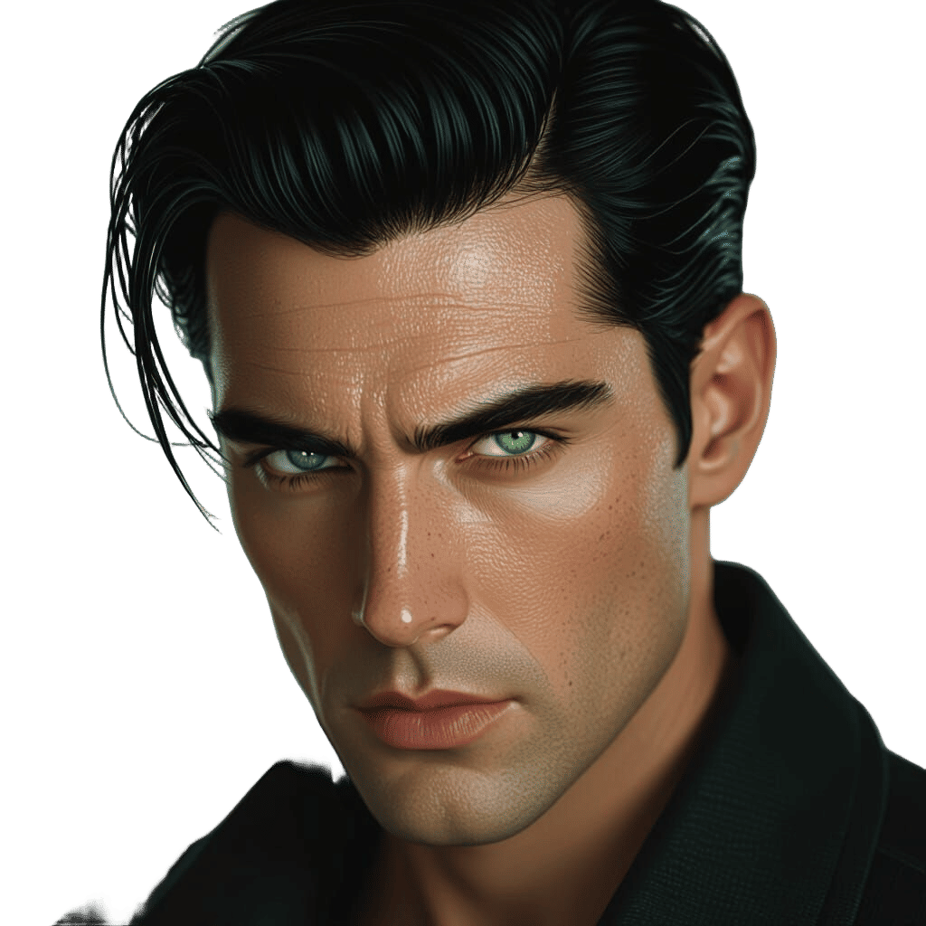 Intense Man with Piercing Gaze in Retro Sci-Fi Style