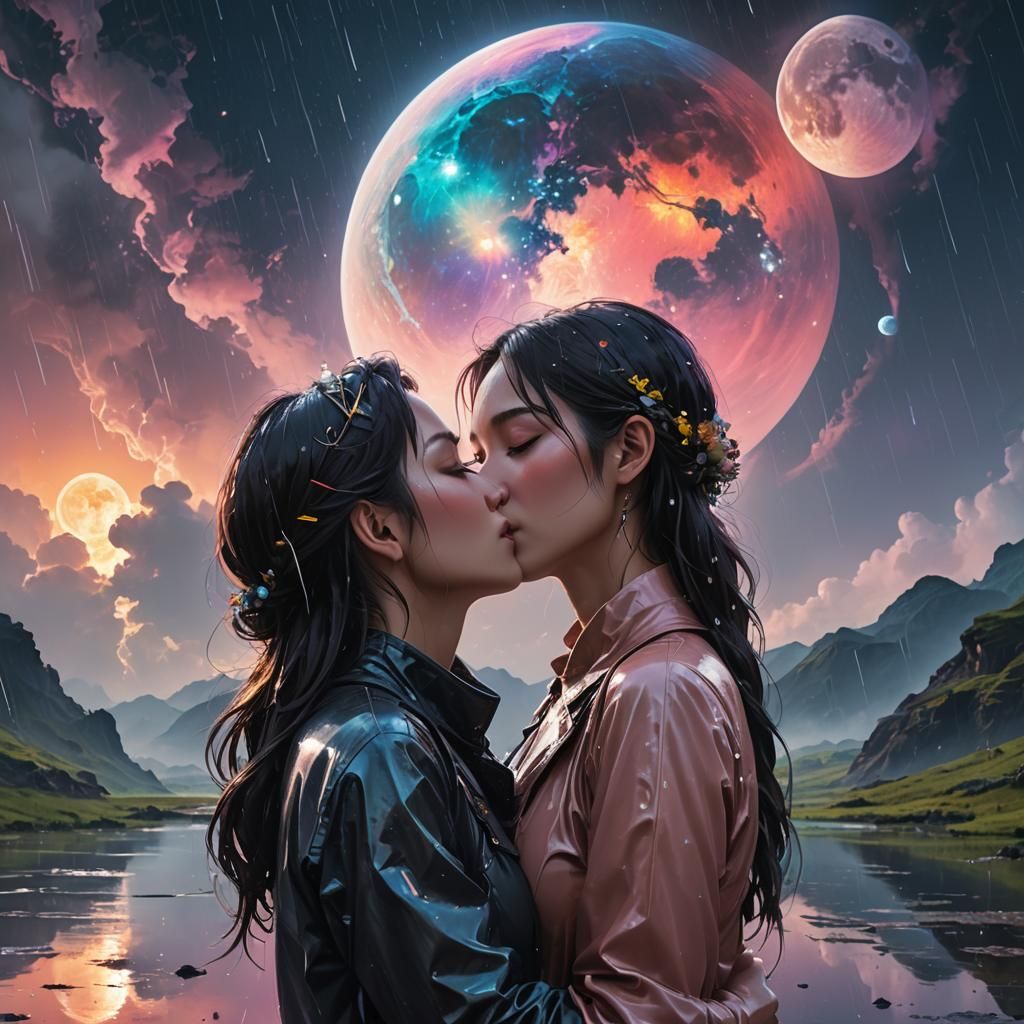 Kissing in the Rain: A Double Exposure Anime Portrait