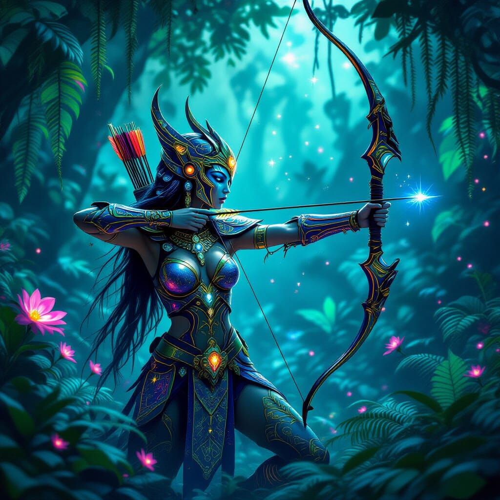 Celestial Huntress in Alien Jungle with Bioluminescent Flora