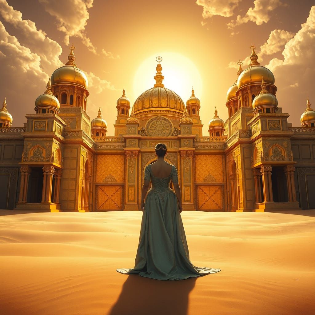 Golden Desert Palace with Majestic Queen, Art Nouveau Style