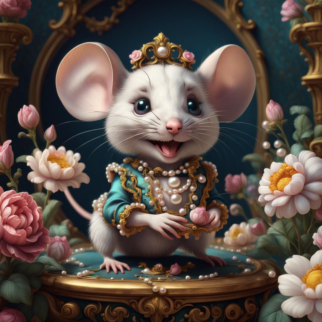 Delightful Mouse in Rococo-Style Floral Painting