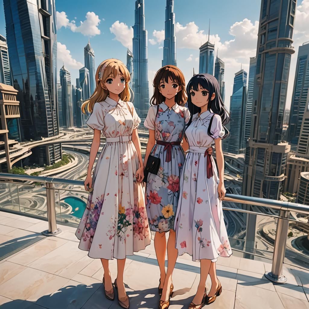 Anime Girls Posing Near Burj Khalifa