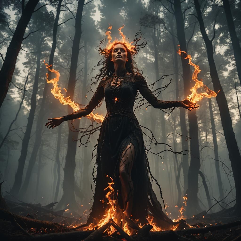 Ethereal Fire Woman in Dark Forest, Fantasy Art