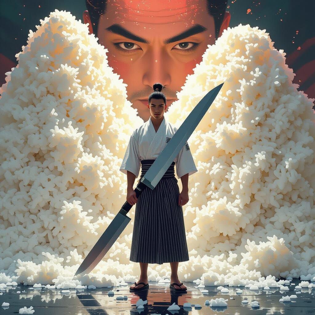 Man in Chef Outfit Between Giant Sushi Rice Mounds