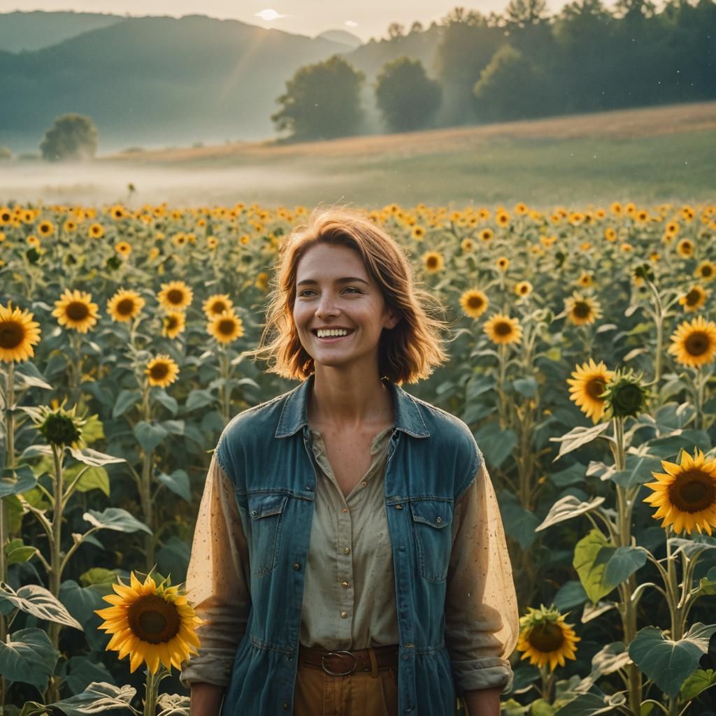 Smiling Woman in Sunflower Field, Cinematic Still