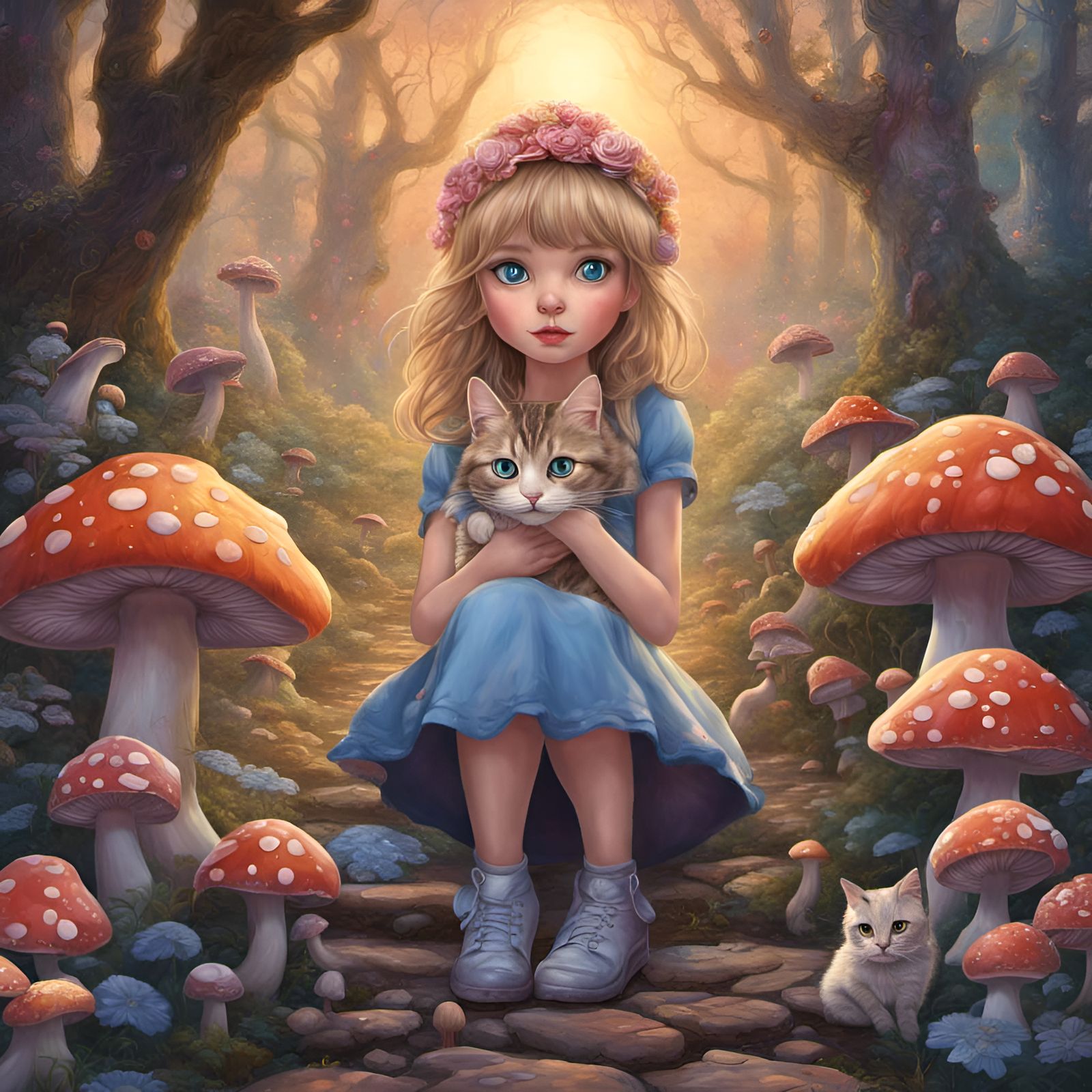 Princess and Cat Wander Candy Road in Cyberpunk Forest