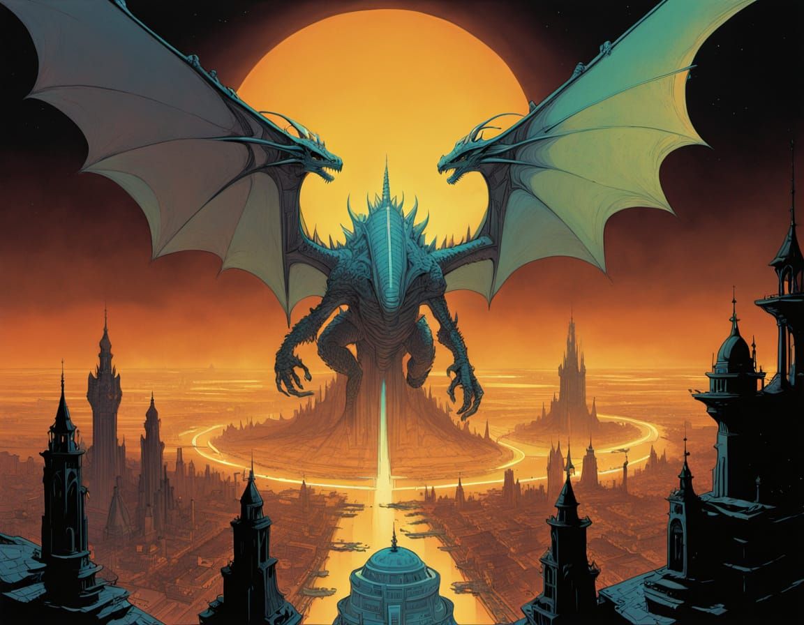 Ancient Dragon Overlooks Futuristic City in Dark Fantasy Sty...