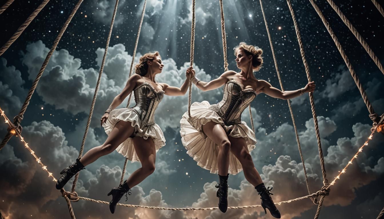 Dreamlike Aerialists in Steampunk Moonscape