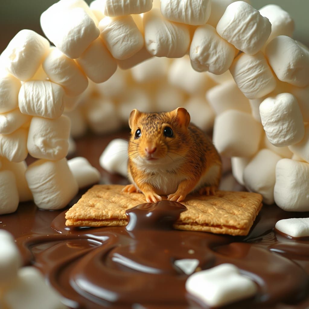 rodent on a graham cracker floating on dark chocolate under ...