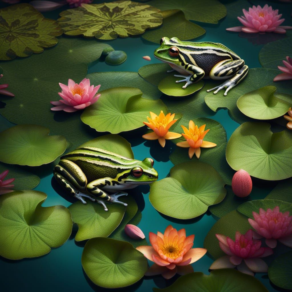 Photorealistic Frogs on Lilypads in Vibrant Colors