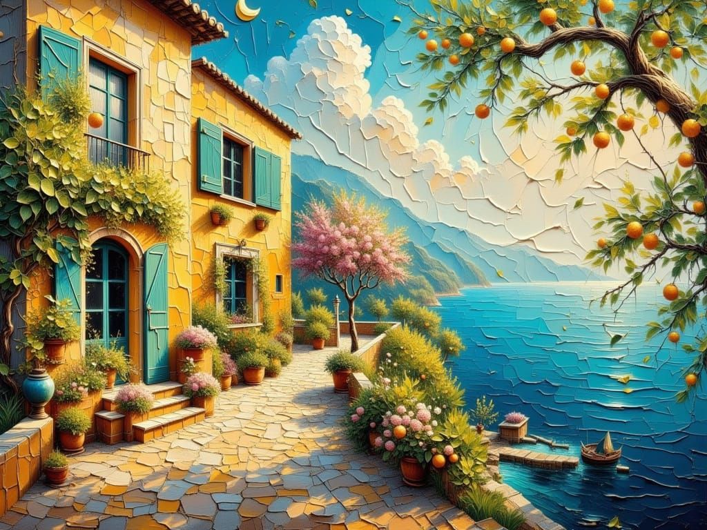 Amalfi Coast Villa in Golden Sunlight as Impasto Painting