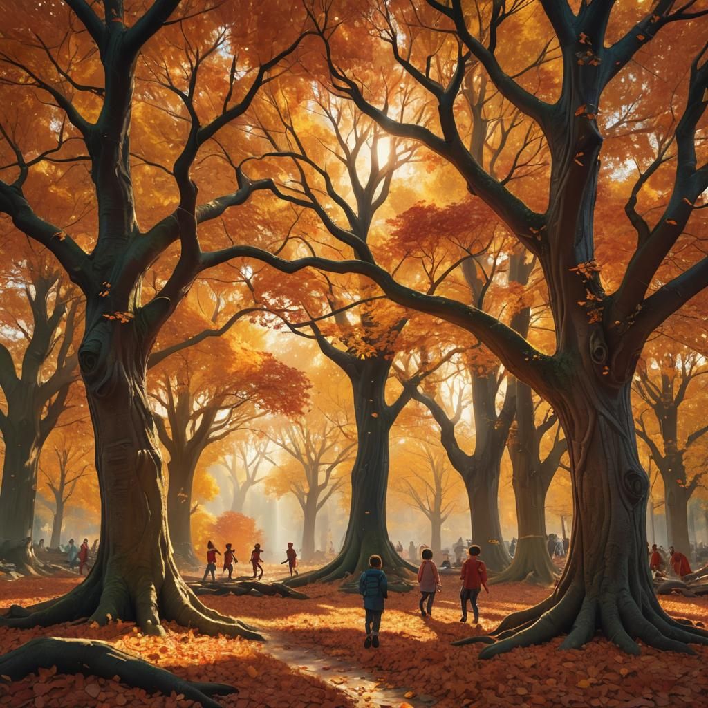 Children Playing Under Autumn Tree, Disney-esque Art